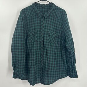 Torrid Womens Plus Size 3 Green Black Plaid Button Down Roll Tab Sleeve Shirt